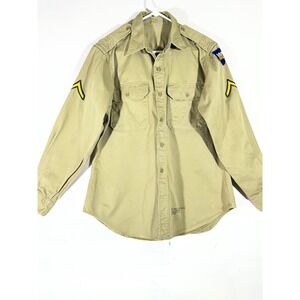 Vintage US Army Khaki Cotton Long Sleeve Shirt Men 16x34 100th InfantryDivision
